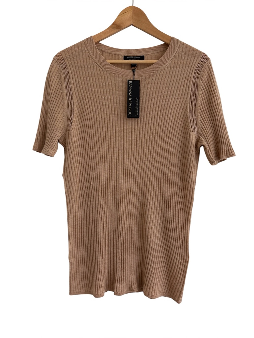 Banana Republic NWT Merino Wool Ribbed Sweater Short Sleeve Stretch Knit XL Tan